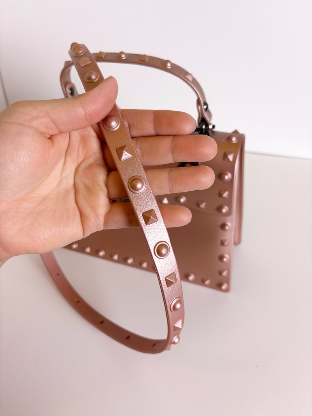 Studded Metallic Rose Rivet Crossbody Top Handel Faux Leather Unlined Handbag - Picture 5 of 9